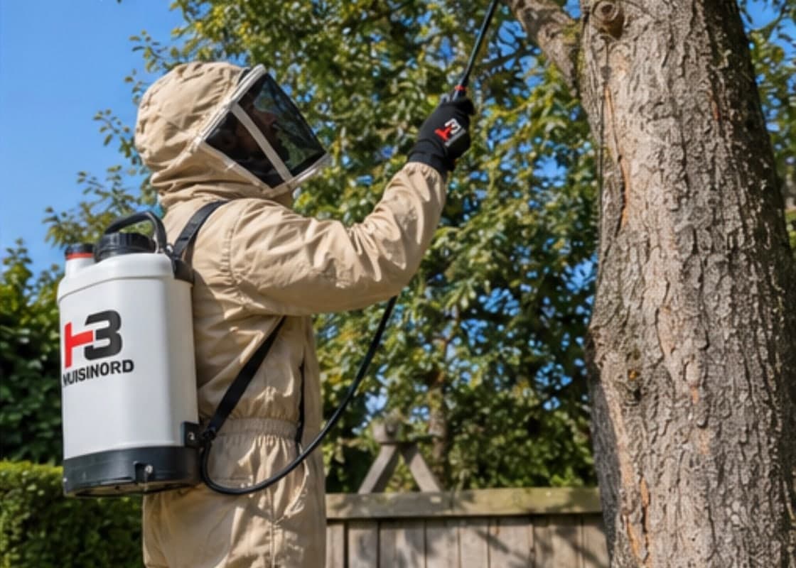 Traitement d'un nid de guêpes dans un arbre, technicien en combinaison intégrale