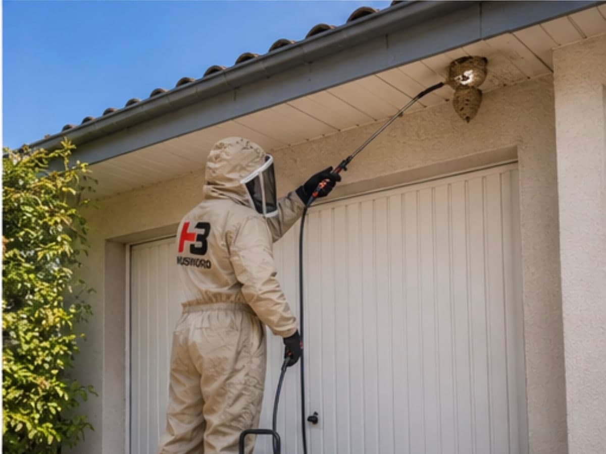 Destruction d'un nid de guêpes sous un débord de toiture, à la perche d'injection