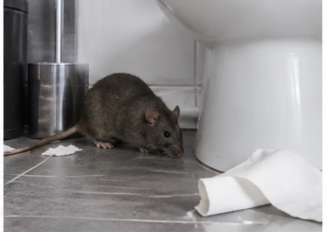 Rat surpris dans des sanitaires, le long d'une cloison