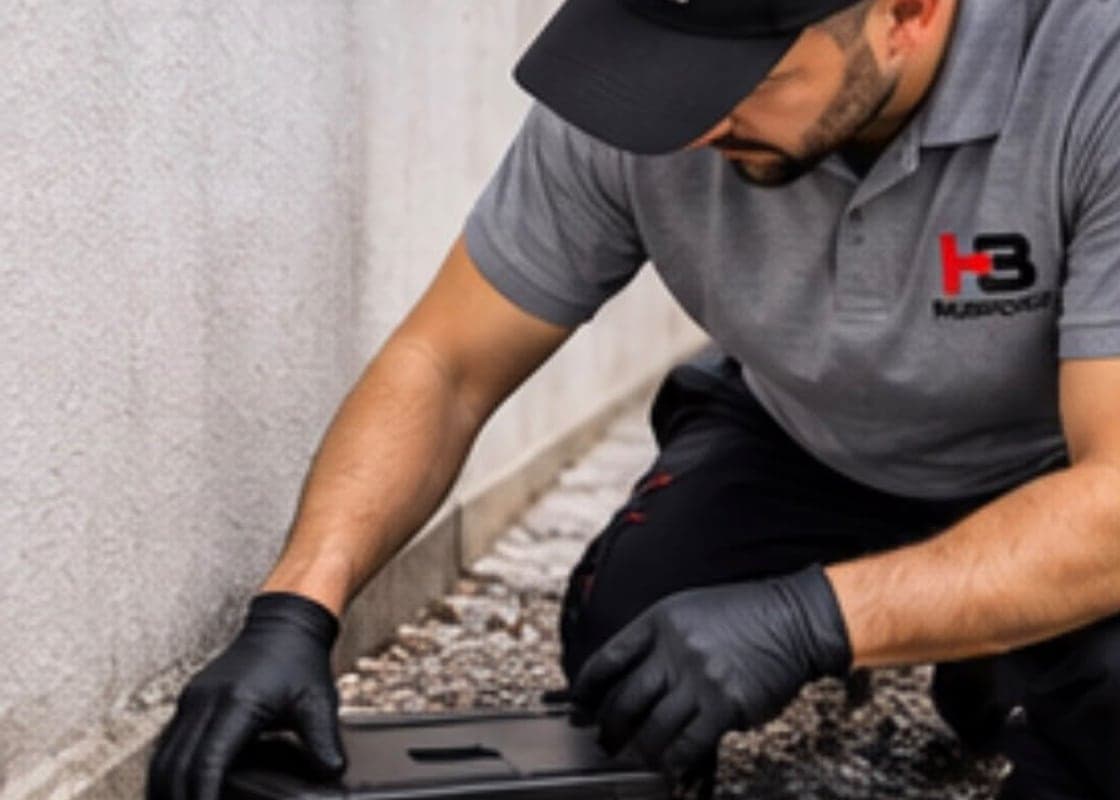 Technicien posant un poste d'appâtage sécurisé le long d'un mur
