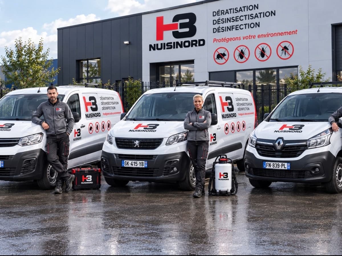 L'équipe H3 NuisiNord et ses trois véhicules devant les locaux de l'entreprise
