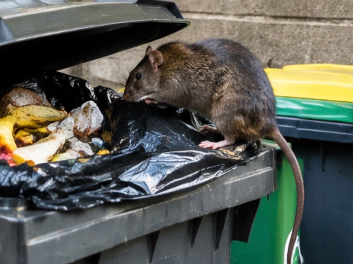 Rat fouillant un conteneur à déchets, à l'arrière d'un bâtiment