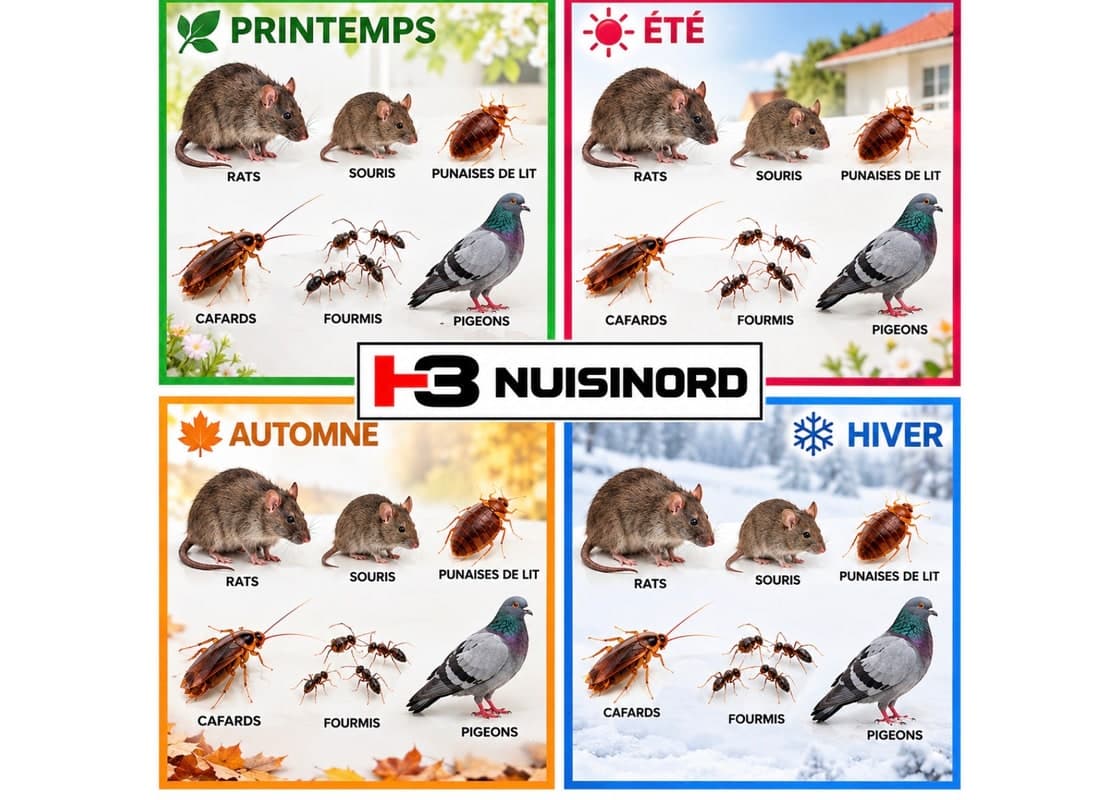 Planche H3 NuisiNord des nuisibles saison par saison : rats, souris, punaises de lit, cafards, fourmis et pigeons